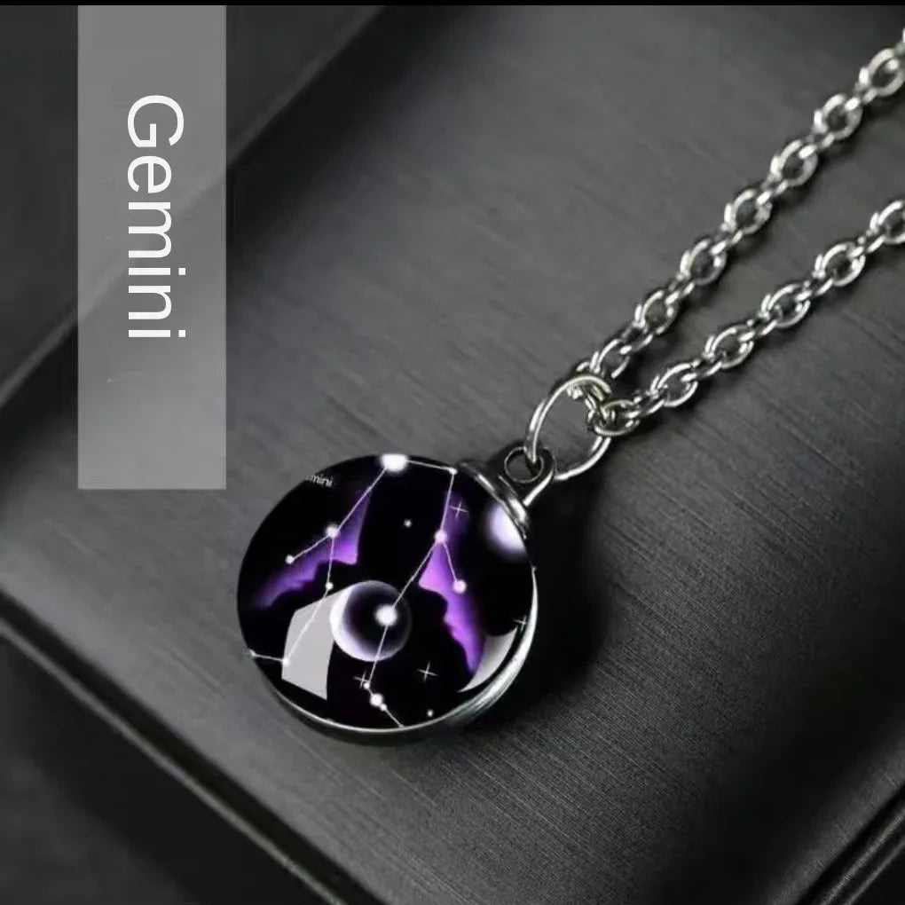 Constellation Necklace Glow in Dark - 12 Zodiac Signs Crystal Pendant - Red Leaf Forest