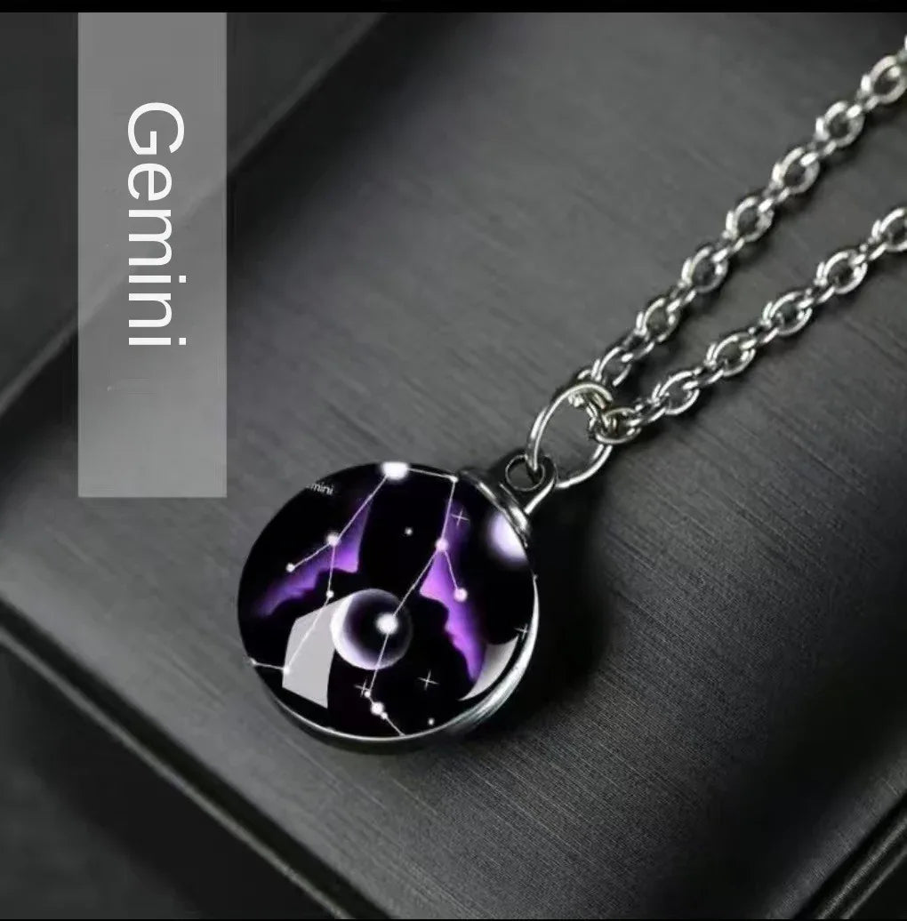 Constellation Necklace Glow in Dark - 12 Zodiac Signs Crystal Pendant - Red Leaf Forest
