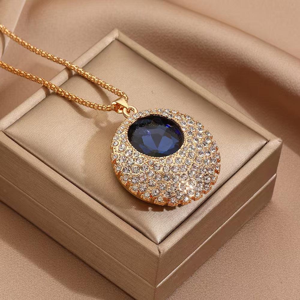 Blue Crystal Round Pendant Necklace - Luxury Statement Jewelry for Women - Red Leaf Forest
