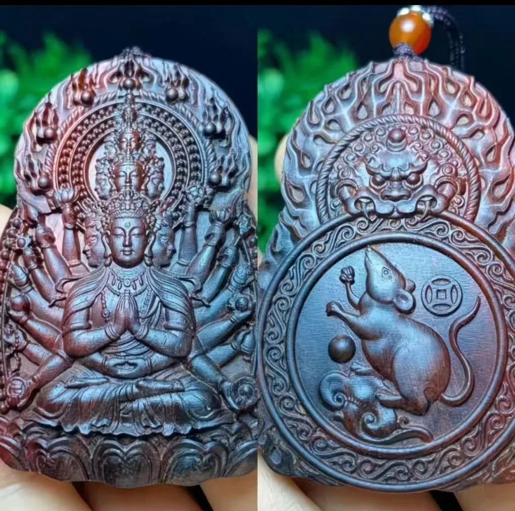 Chinese Zodiac Sandalwood Pendant - Handcrafted Traditional Jewelry - Red Leaf Forest