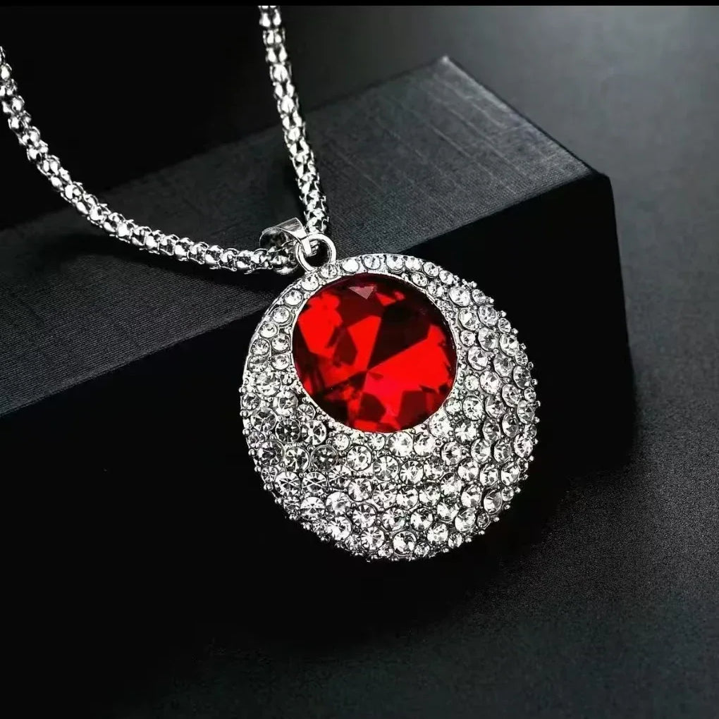 Blue Crystal Round Pendant Necklace - Luxury Statement Jewelry for Women - Red Leaf Forest