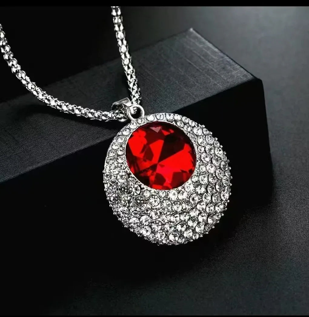 Blue Crystal Round Pendant Necklace - Luxury Statement Jewelry for Women - Red Leaf Forest