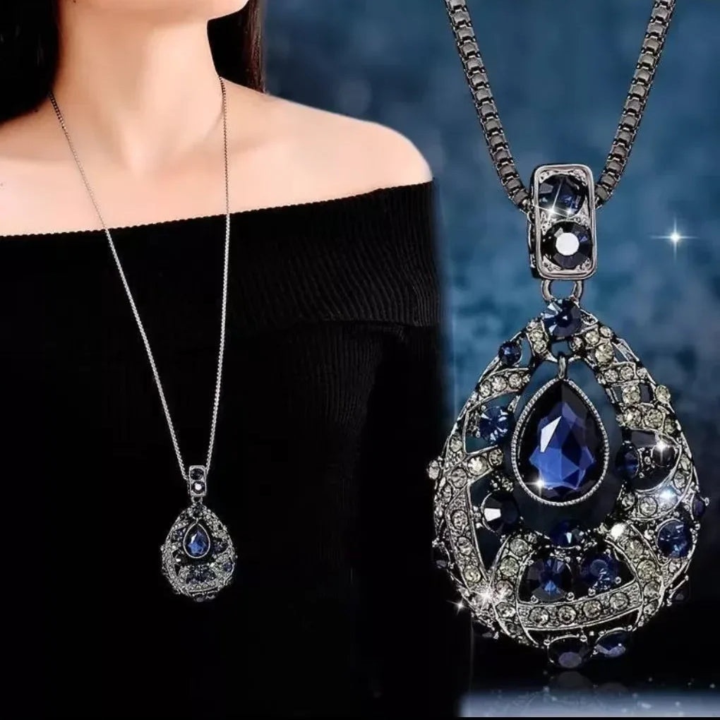 Teardrop Crystal Pendant Necklace - Long Chain Rhinestone Jewelry for Women - Red Leaf Forest