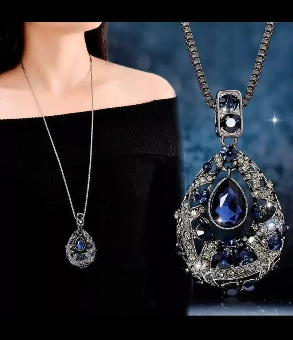 Teardrop Crystal Pendant Necklace - Long Chain Rhinestone Jewelry for Women - Red Leaf Forest