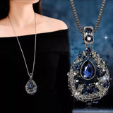 Teardrop Crystal Pendant Necklace - Long Chain Rhinestone Jewelry for Women - Red Leaf Forest