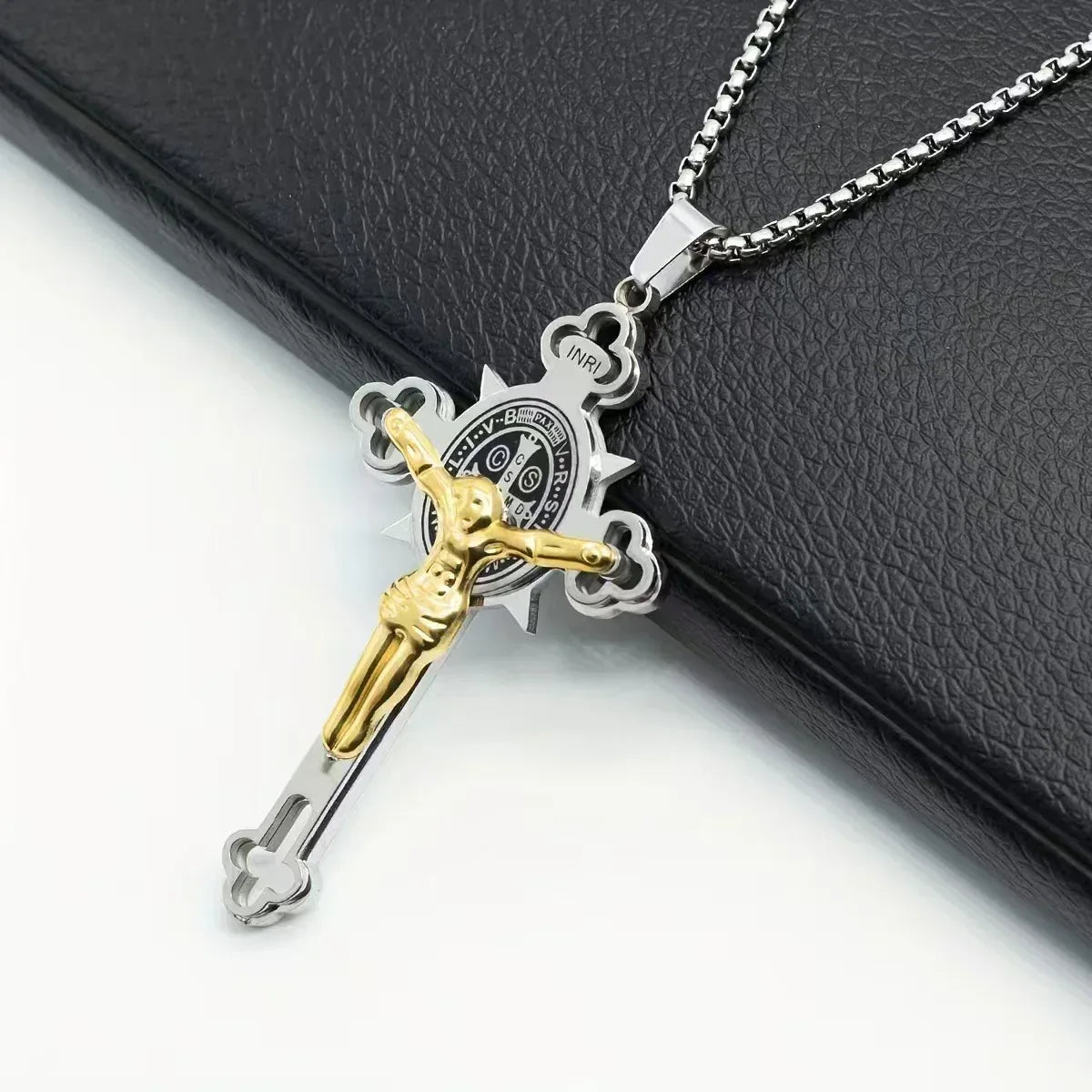 Gold Silver Two-Tone Cross Pendant Necklace - Red Leaf Forest