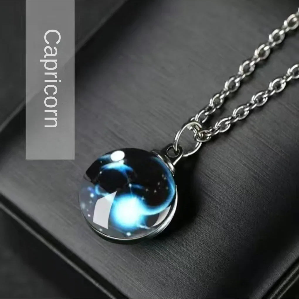 Constellation Necklace Glow in Dark - 12 Zodiac Signs Crystal Pendant - Red Leaf Forest