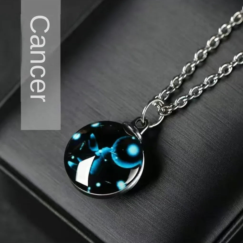 Constellation Necklace Glow in Dark - 12 Zodiac Signs Crystal Pendant - Red Leaf Forest