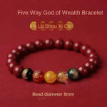 Five Gods of Wealth Cinnabar Bracelet - Buddhist Blessed - Traditional Chinese Fortune Symbol - Red Leaf Forest