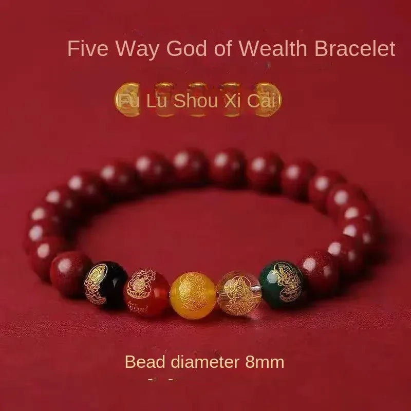 Five Gods of Wealth Cinnabar Bracelet - Buddhist Blessed - Traditional Chinese Fortune Symbol - Red Leaf Forest