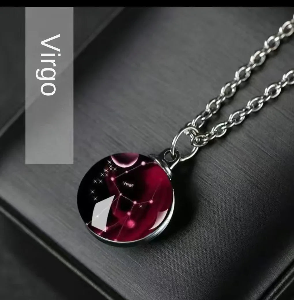 Constellation Necklace Glow in Dark - 12 Zodiac Signs Crystal Pendant - Red Leaf Forest