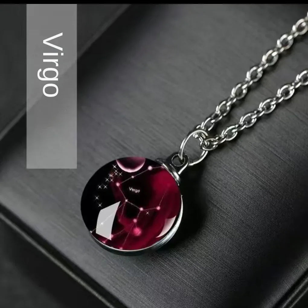 Constellation Necklace Glow in Dark - 12 Zodiac Signs Crystal Pendant - Red Leaf Forest