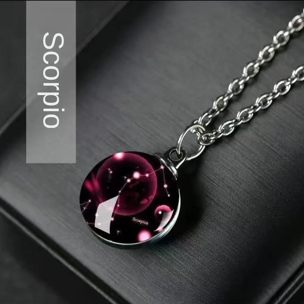 Constellation Necklace Glow in Dark - 12 Zodiac Signs Crystal Pendant - Red Leaf Forest