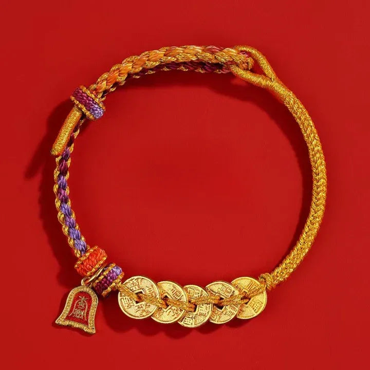 Five Emperor Coins Red String Bracelet - Traditional Cultural Jewelry - Red Leaf Forest