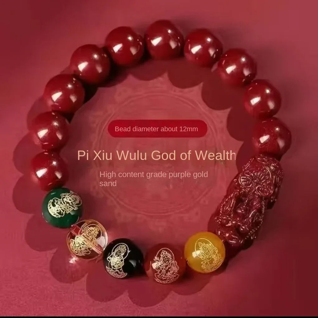 Five Gods of Wealth Cinnabar Bracelet - Buddhist Blessed - Traditional Chinese Fortune Symbol - Red Leaf Forest