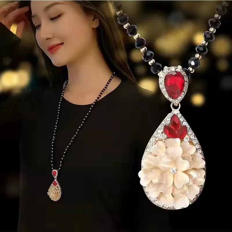 Blooming Prosperity Crystal Pendant Necklace - Red Leaf Forest