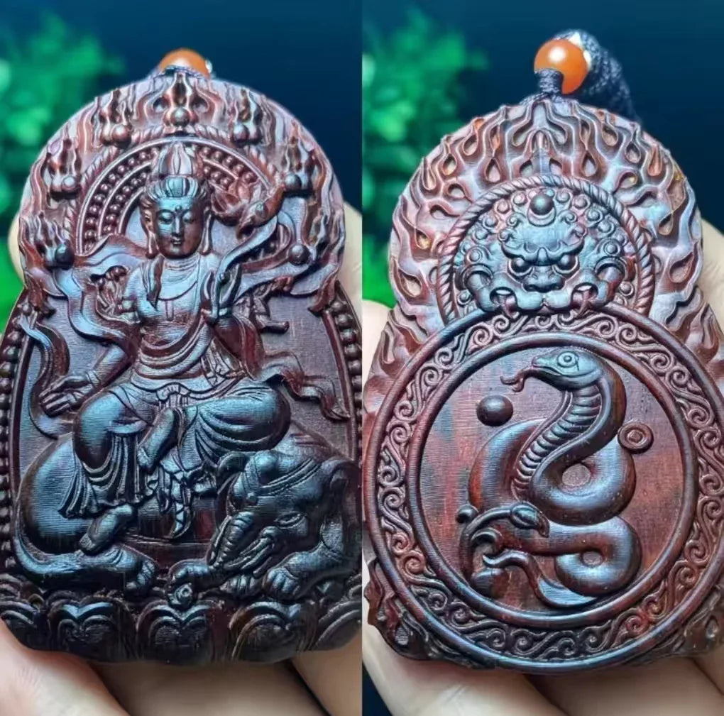 Chinese Zodiac Sandalwood Pendant - Handcrafted Traditional Jewelry - Red Leaf Forest