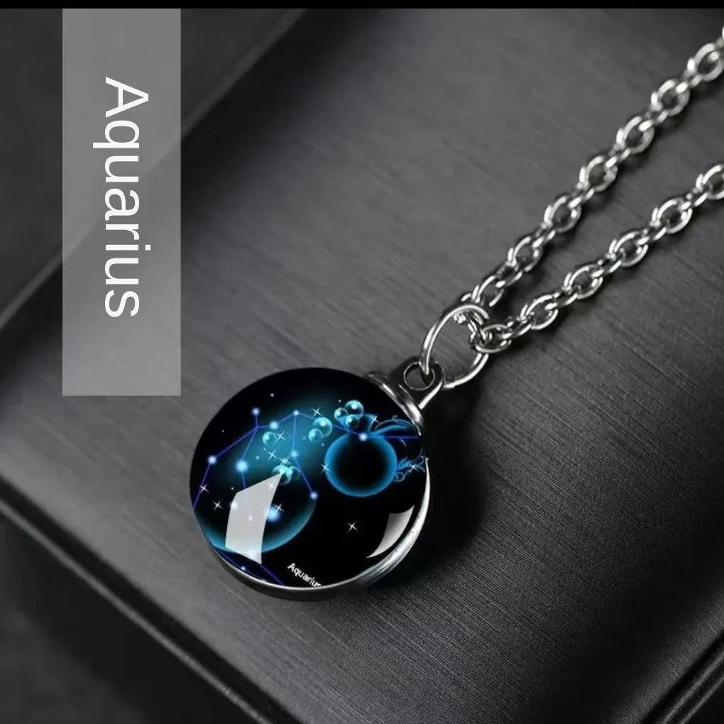 Constellation Necklace Glow in Dark - 12 Zodiac Signs Crystal Pendant - Red Leaf Forest