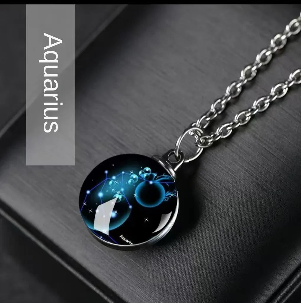 Constellation Necklace Glow in Dark - 12 Zodiac Signs Crystal Pendant - Red Leaf Forest