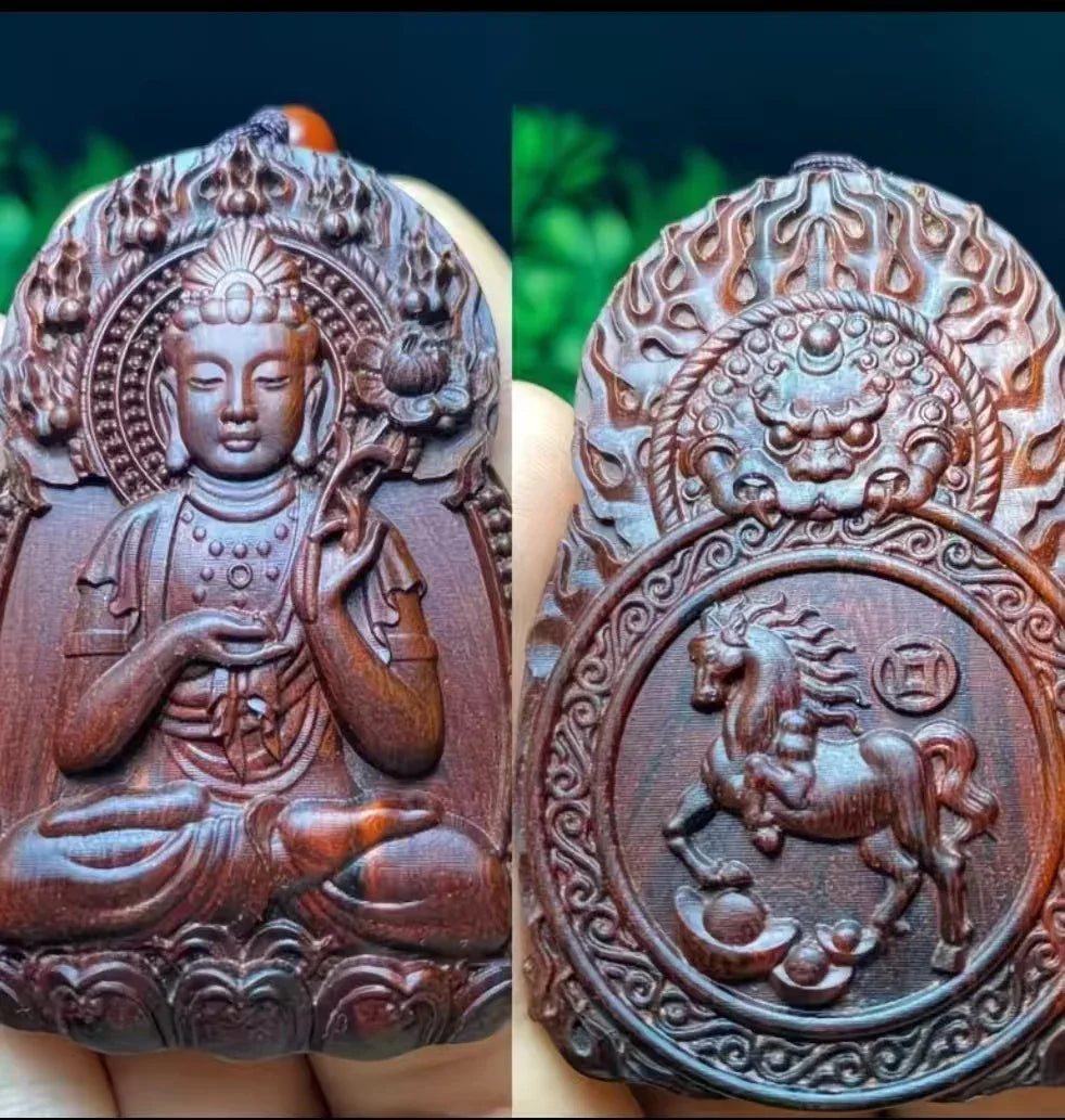 Chinese Zodiac Sandalwood Pendant - Handcrafted Traditional Jewelry - Red Leaf Forest