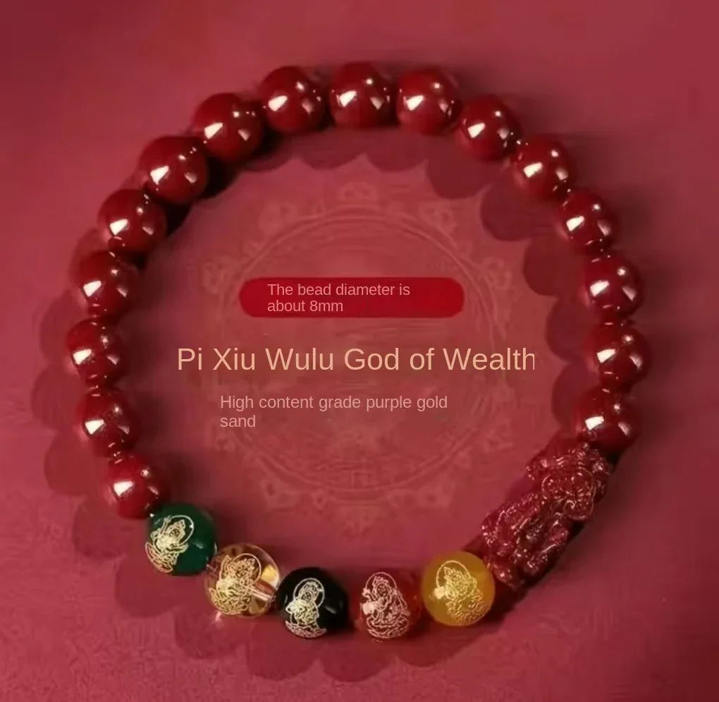 Five Gods of Wealth Cinnabar Bracelet - Buddhist Blessed - Traditional Chinese Fortune Symbol - Red Leaf Forest