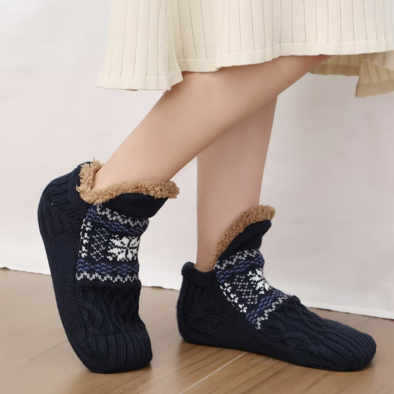 Navy blue plush socks with letter pattern"