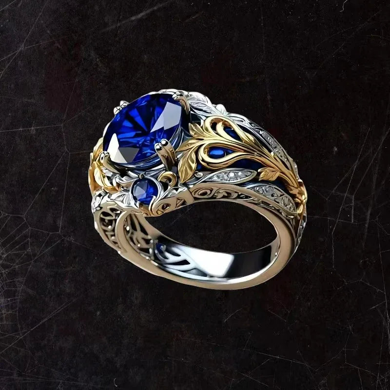 Vintage Sapphire Inlaid Ring - Classic Blue Gemstone Design - Red Leaf Forest