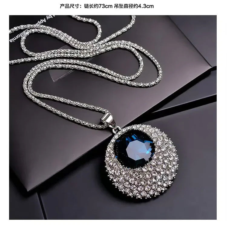Blue Crystal Round Pendant Necklace - Luxury Statement Jewelry for Women - Red Leaf Forest