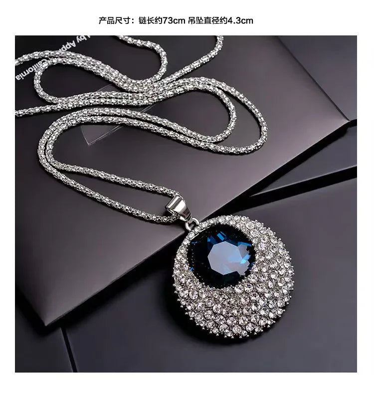 Blue Crystal Round Pendant Necklace - Luxury Statement Jewelry for Women - Red Leaf Forest