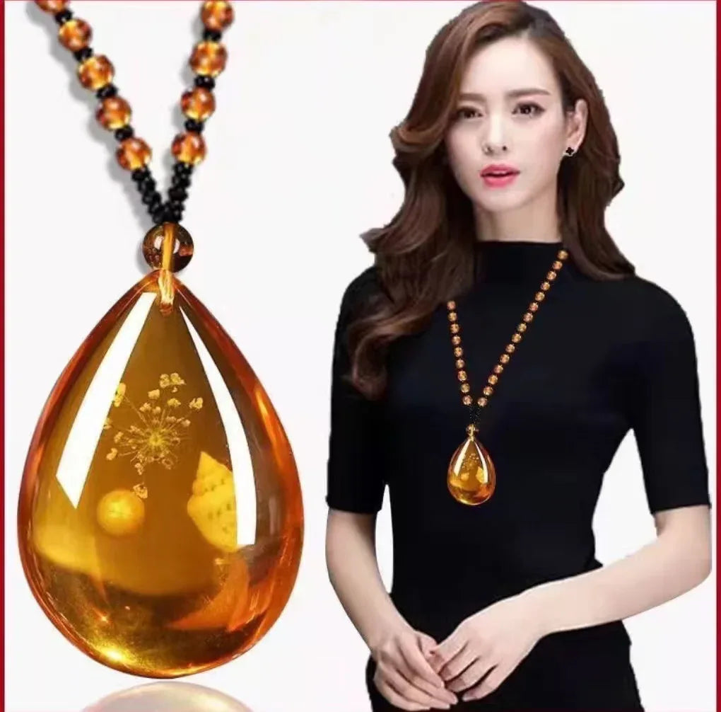 Resin Teardrop Pendant with Natural Inclusions - Red Leaf Forest
