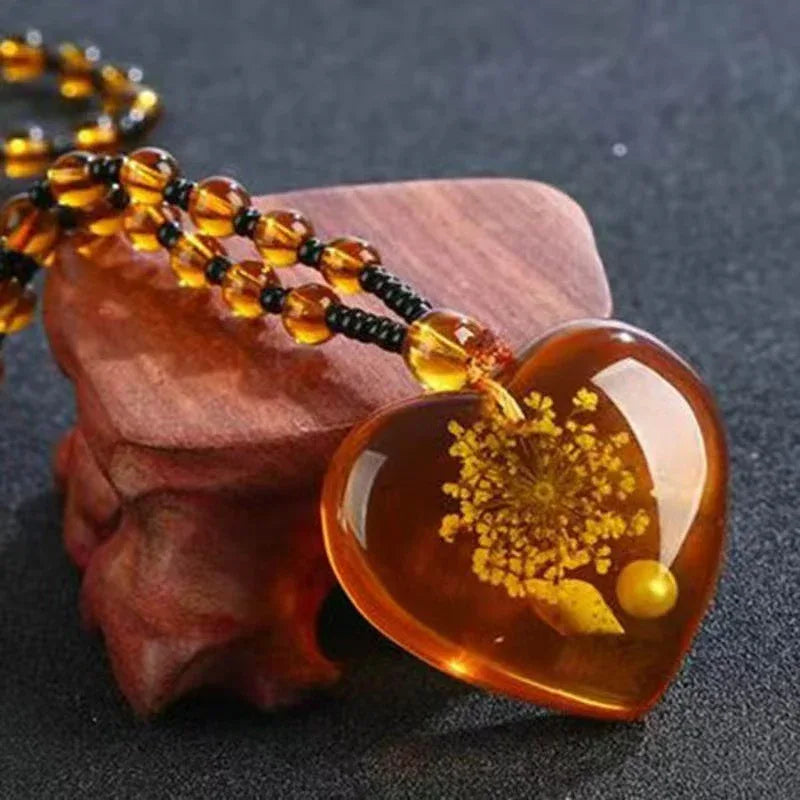 Resin Teardrop Pendant with Natural Inclusions - Red Leaf Forest