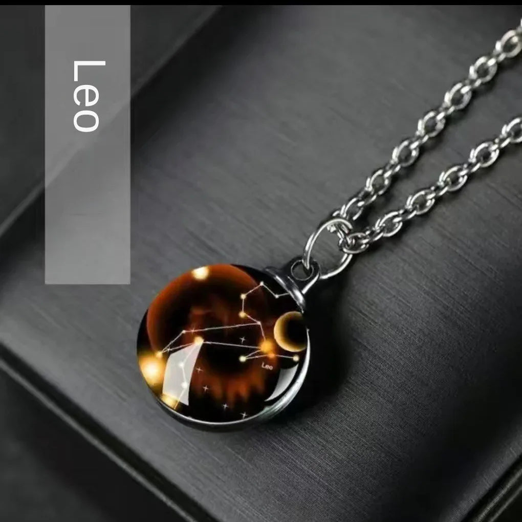 Constellation Necklace Glow in Dark - 12 Zodiac Signs Crystal Pendant - Red Leaf Forest