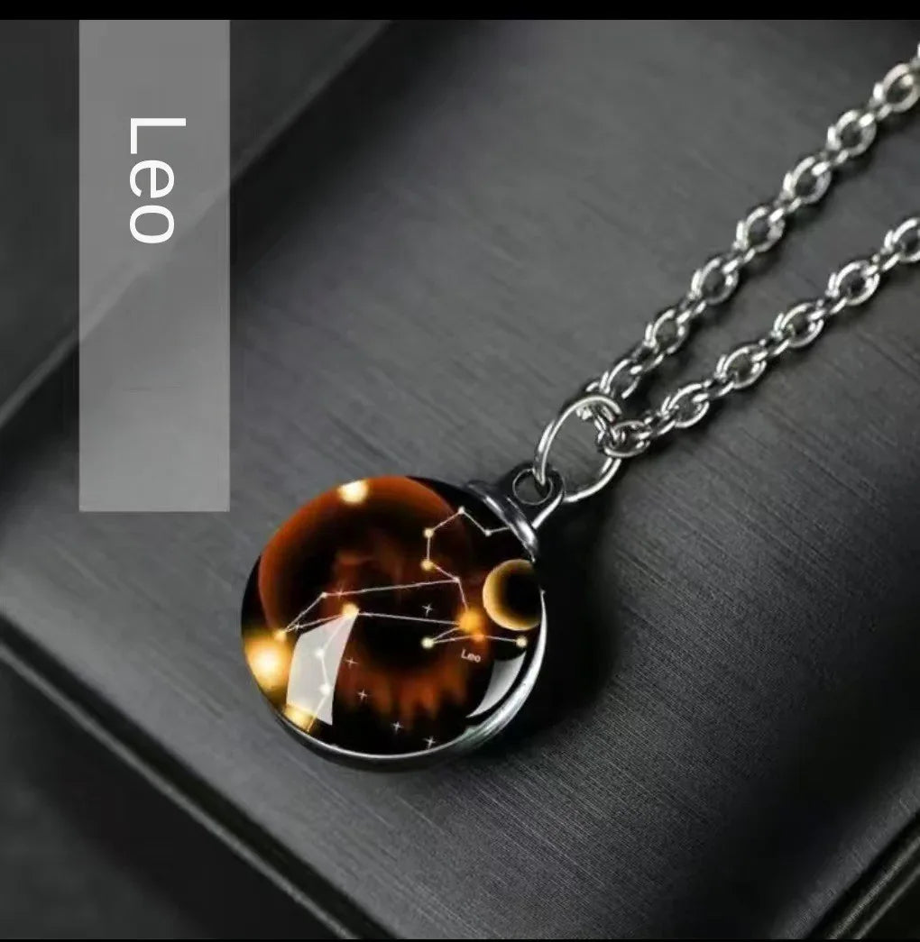 Constellation Necklace Glow in Dark - 12 Zodiac Signs Crystal Pendant - Red Leaf Forest