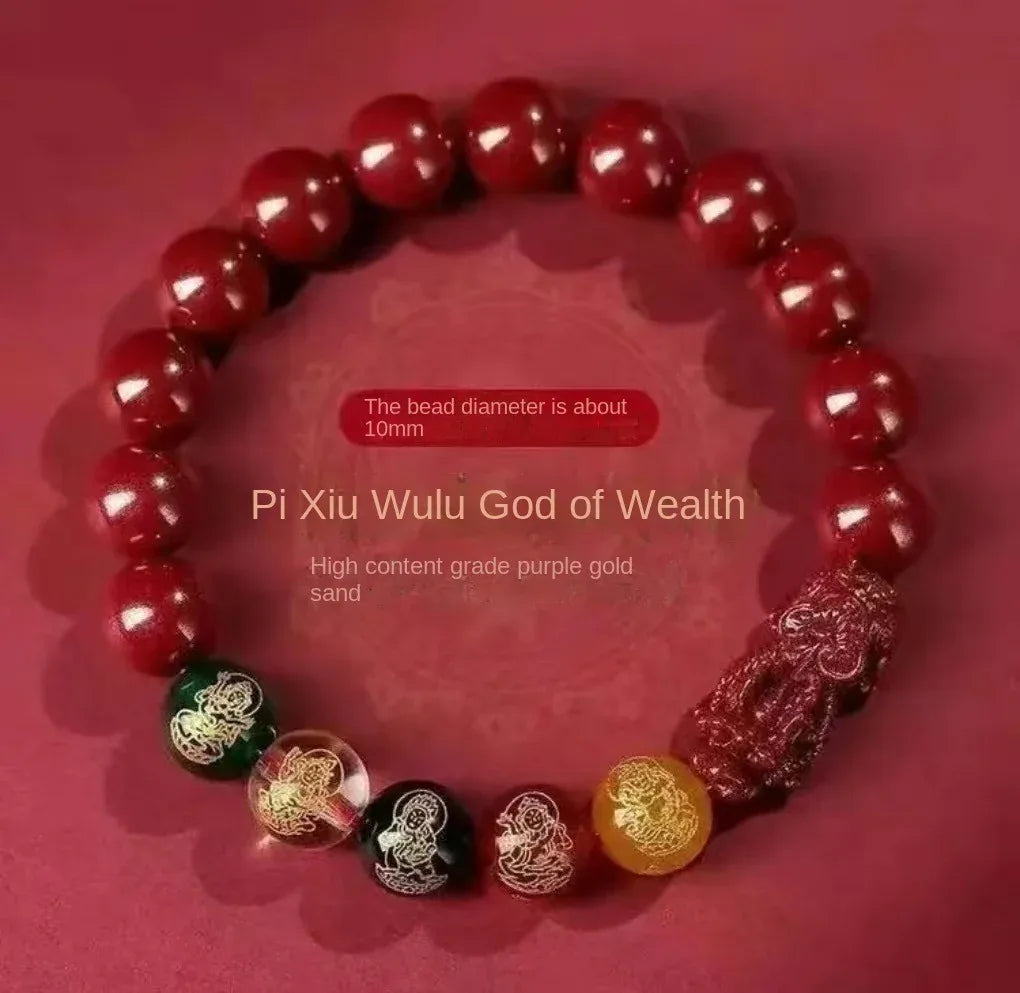 Five Gods of Wealth Cinnabar Bracelet - Buddhist Blessed - Traditional Chinese Fortune Symbol - Red Leaf Forest