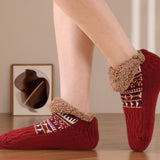 Wine red plush socks with snowflake pattern"