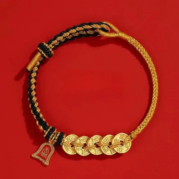 Five Emperor Coins Red String Bracelet - Traditional Cultural Jewelry - Red Leaf Forest