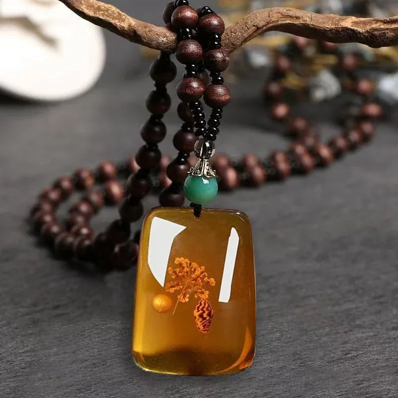 Resin Teardrop Pendant with Natural Inclusions - Red Leaf Forest
