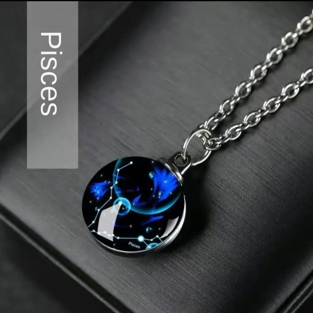 Constellation Necklace Glow in Dark - 12 Zodiac Signs Crystal Pendant - Red Leaf Forest