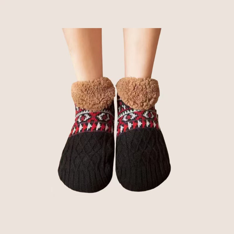 "Black thermal plush socks with fuzzy cuff"