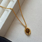 Natural Tiger Eye Stone Pendant Necklace Gold Plated Chain Women Jewelry - Red Leaf Forest
