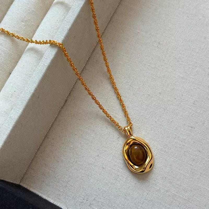 Natural Tiger Eye Stone Pendant Necklace Gold Plated Chain Women Jewelry - Red Leaf Forest