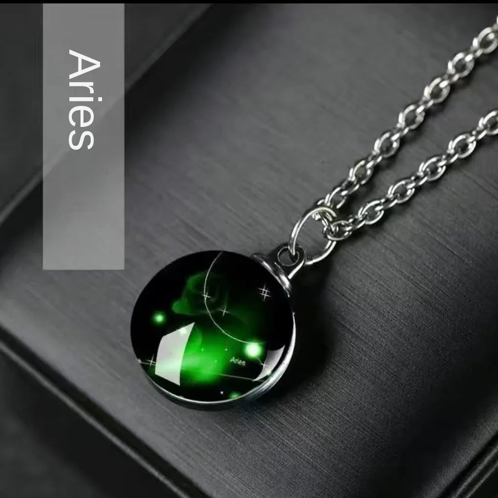 Constellation Necklace Glow in Dark - 12 Zodiac Signs Crystal Pendant - Red Leaf Forest