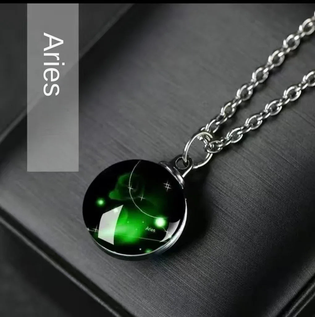 Constellation Necklace Glow in Dark - 12 Zodiac Signs Crystal Pendant - Red Leaf Forest
