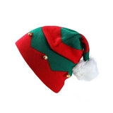 Red and green striped elf hat with bells