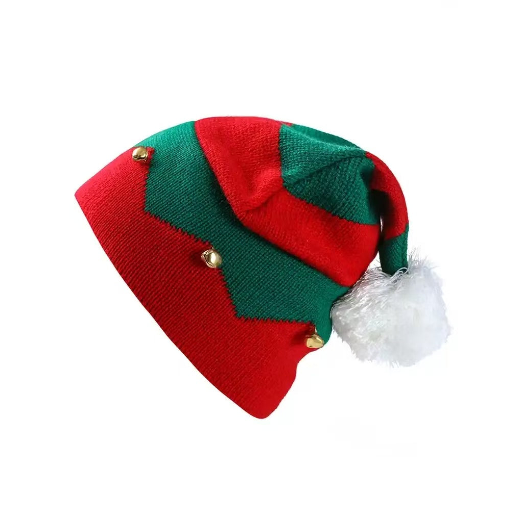 Red and green striped elf hat with bells