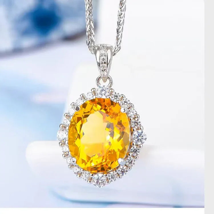 Yellow Citrine Halo Pendant Necklace - Red Leaf Forest
