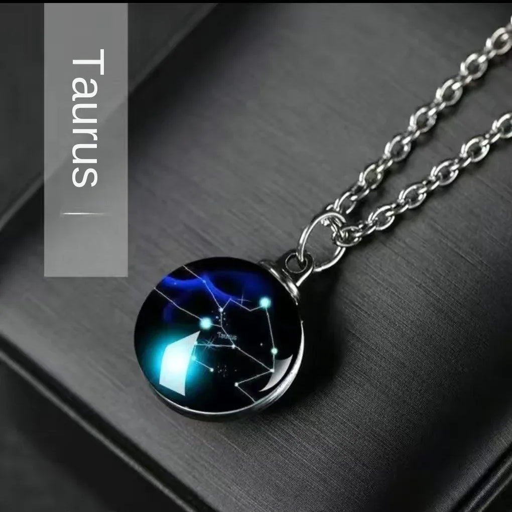 Constellation Necklace Glow in Dark - 12 Zodiac Signs Crystal Pendant - Red Leaf Forest