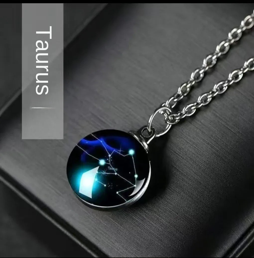 Constellation Necklace Glow in Dark - 12 Zodiac Signs Crystal Pendant - Red Leaf Forest