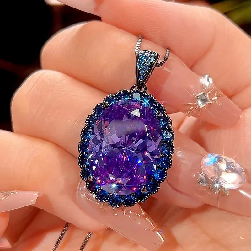 Blue Spinel Oval Pendant Necklace -Rhinestone Halo Jewelry - Red Leaf Forest