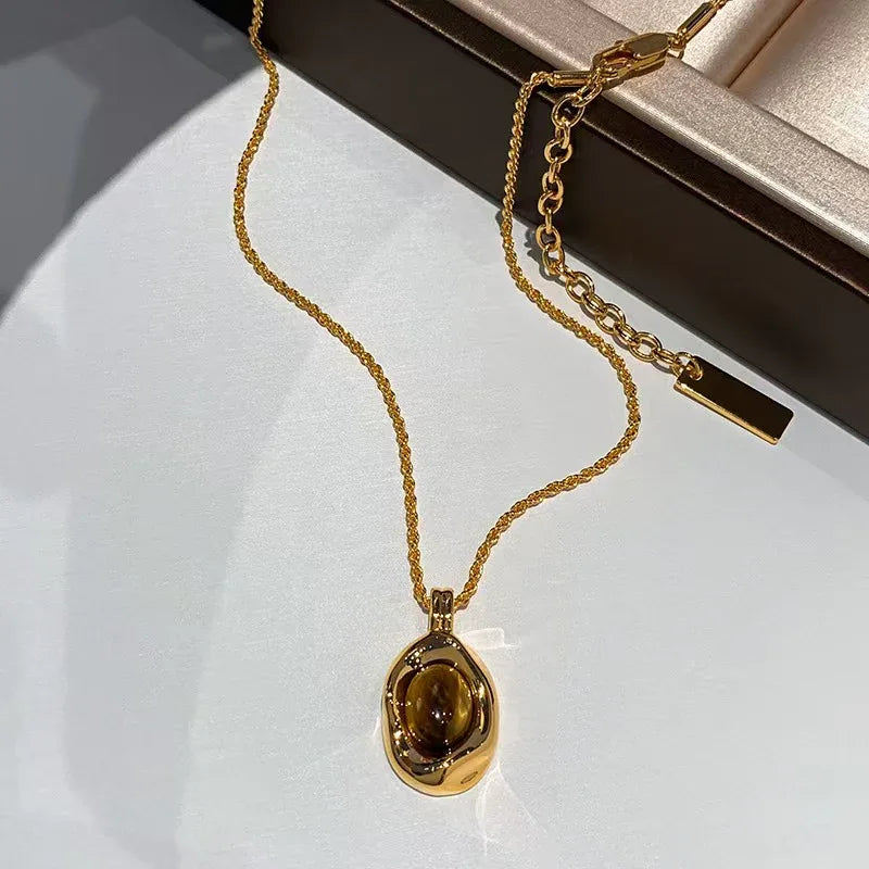 Natural Tiger Eye Stone Pendant Necklace Gold Plated Chain Women Jewelry - Red Leaf Forest